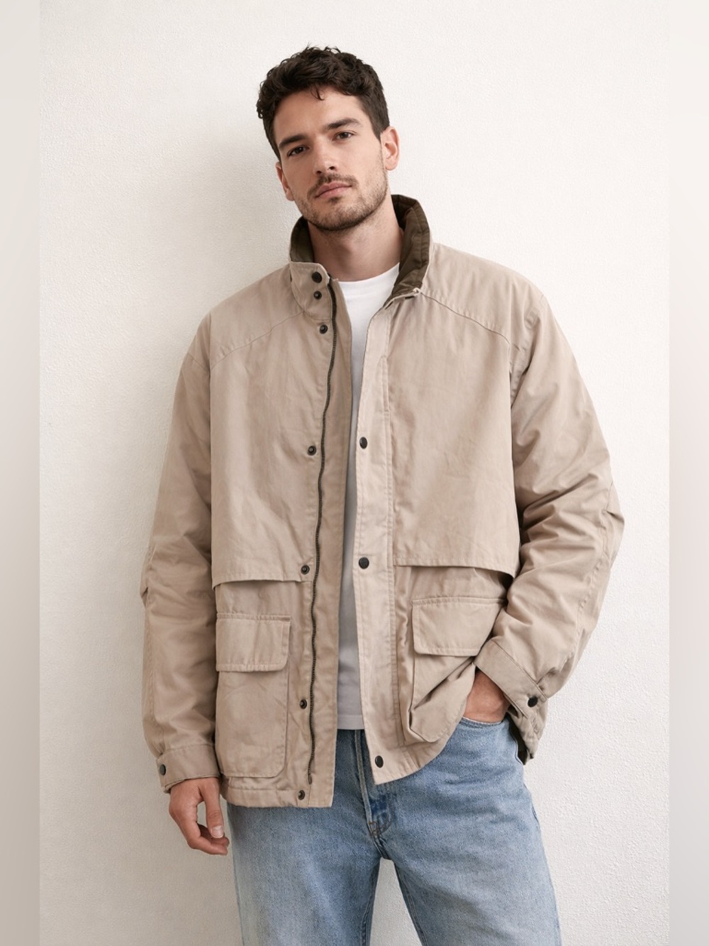 Dockers Beige Utility Jacket | Men’s Large | Minimalist Neutral Outerwear